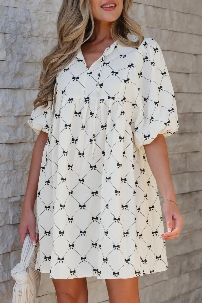 White Bowtie Pattern Textured Puff Half Sleeve Mini Dress - Love Salve